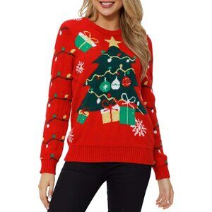 Women Red Christmas Tree Ugly Pullover Snowflake Long Sleeve Sweater Shirt